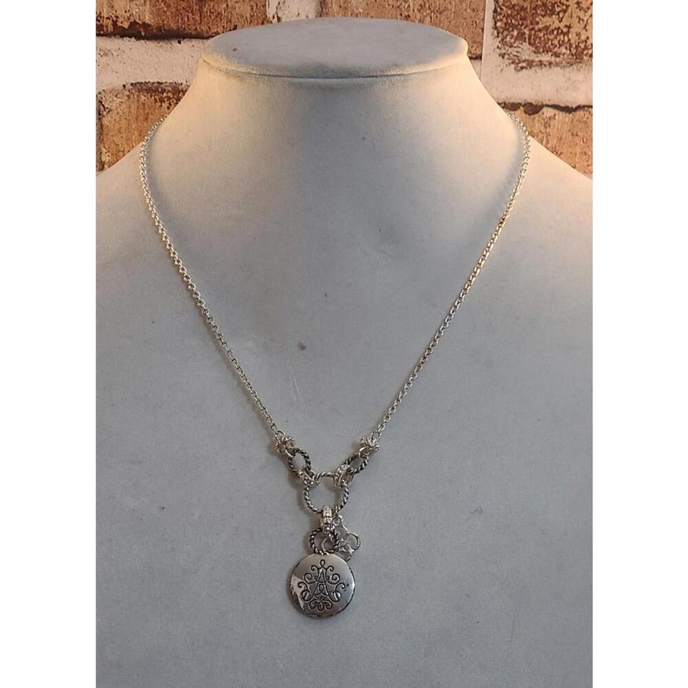 Silver Tone Pavé CZ Twisted Cable Charm Necklace  Monogram 'A' Coin Pendant EUC